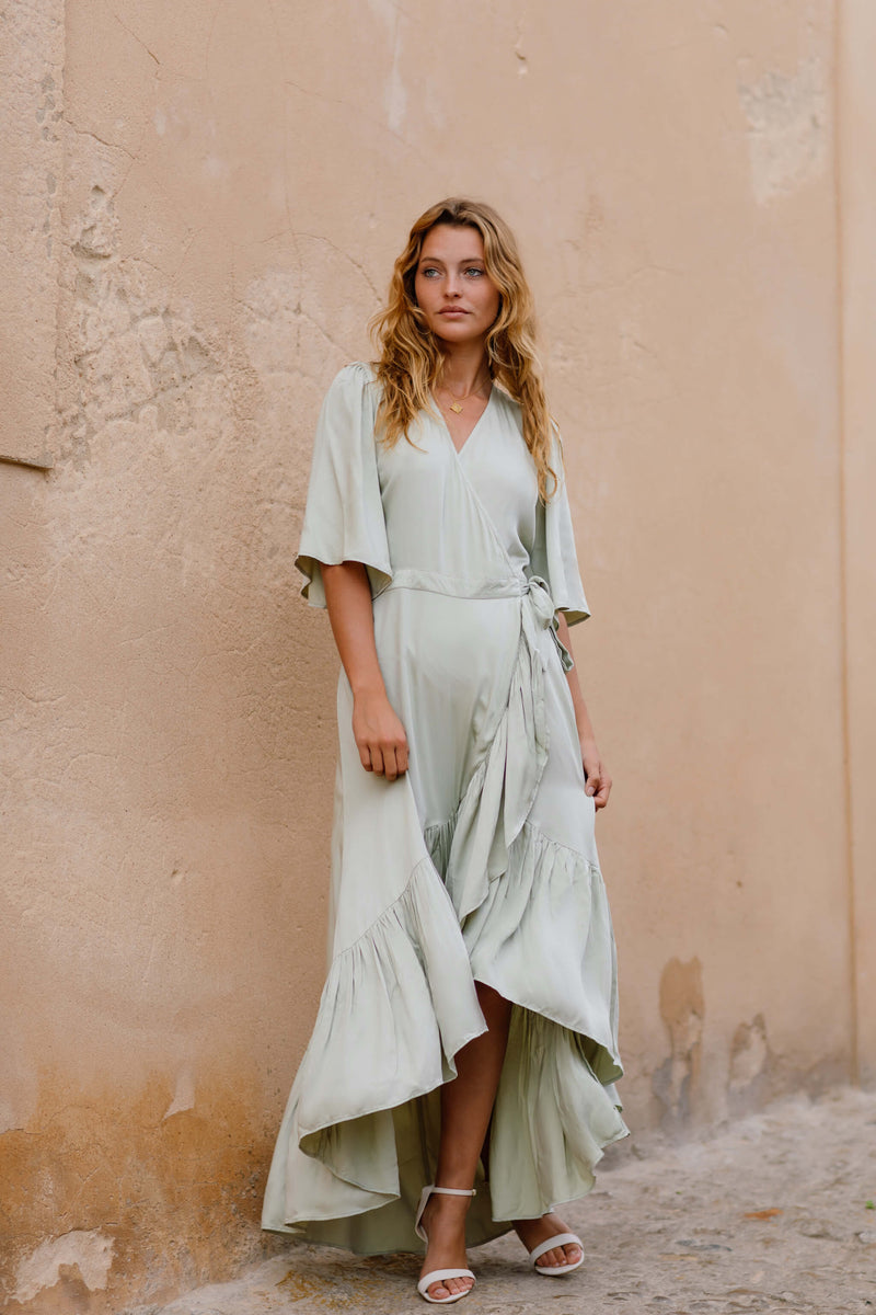 eco bridesmaid dresses Green Boho Bridesmaid Dress Sage Embroidered Goddess Gown Adjustable Back Sustainable Wedding Maxi Dress